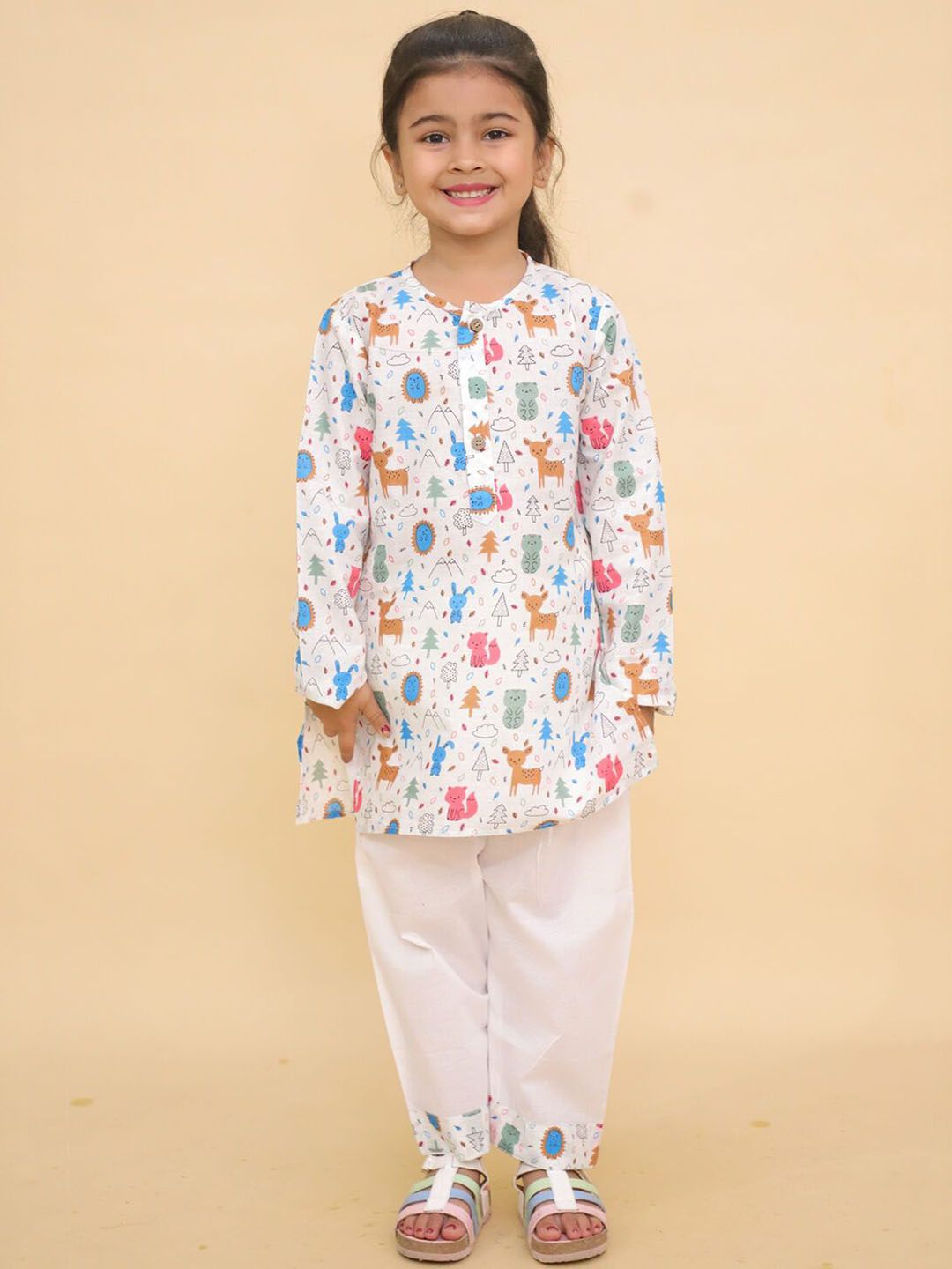 LITTLE GINNIE Unisex Kids Printed Regular Pure Cotton Kurti with Pyjamas-picture-56