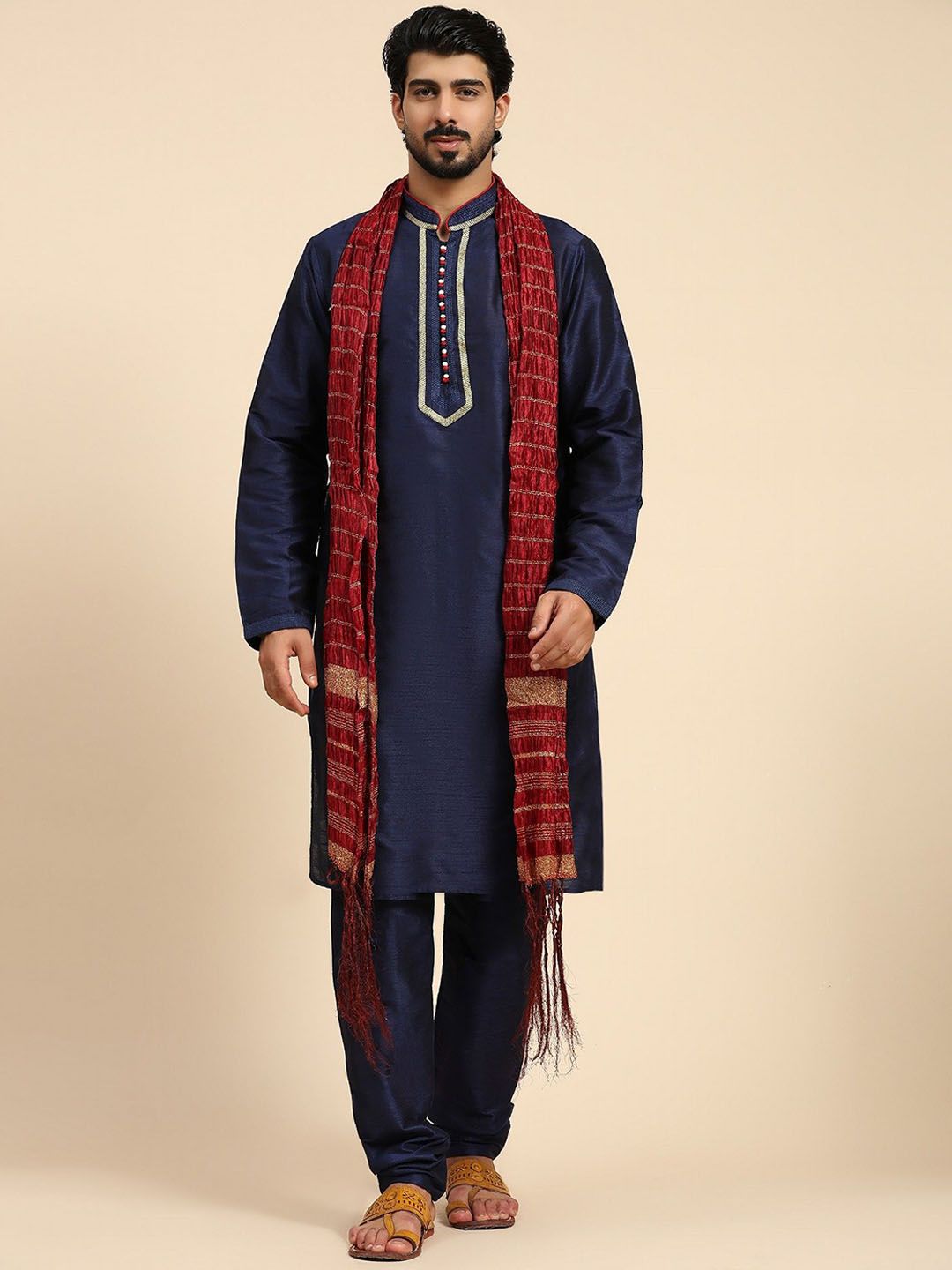 Moda Rapido Men Ethnic Motifs Embroidered Regular Thread Work Kurta with Pyjamas & With Dupatta-image-3