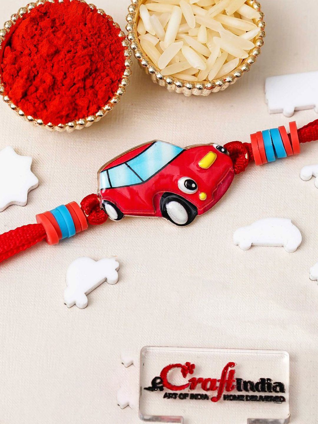 eCraftIndia Artfificial Stones Studded And Beaded Cartoon Car Rakhi-picture-58