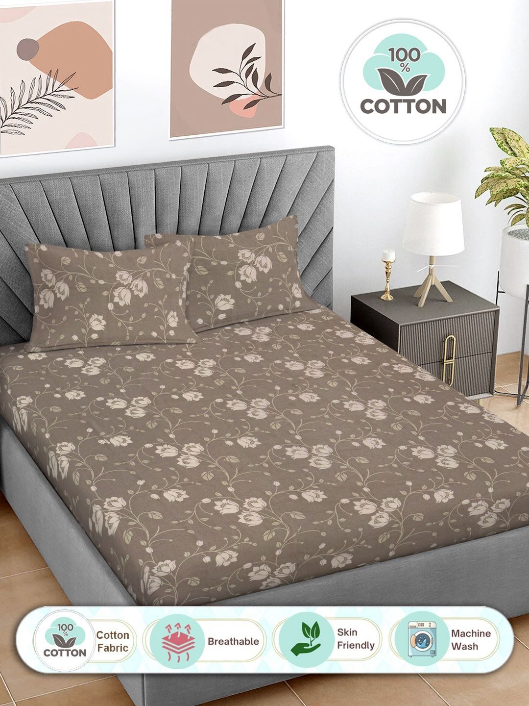 Myntra Elegant Homes Beige Floral Printed Pure Cotton 300 TC King Bedsheet Set 2.5 x 2.25m-picture-14