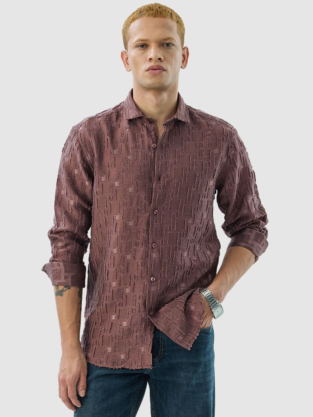 Snitch Men India Slim Fit Textured Spread Collar Casual Shirt-picture-35