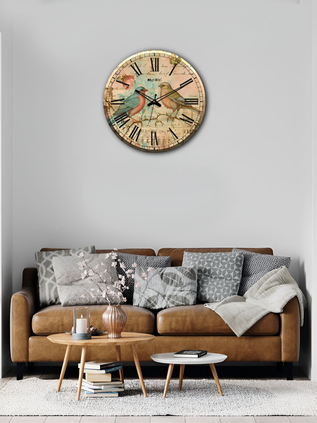 OLIVE TREE Wooden Wall Clock Brown & Blue Printed Round Contemporary Wall Clock-image-44