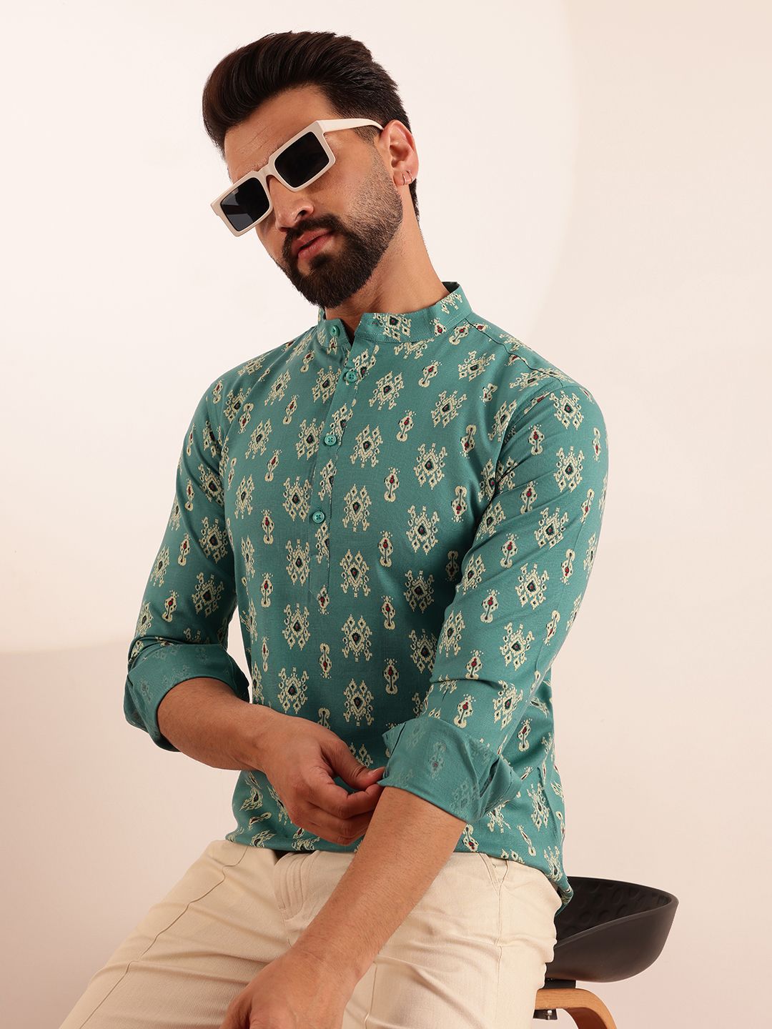 Anouk Men Ethnic Motifs Ikat Printed Mandarin Collar Short Kurta-picture-36