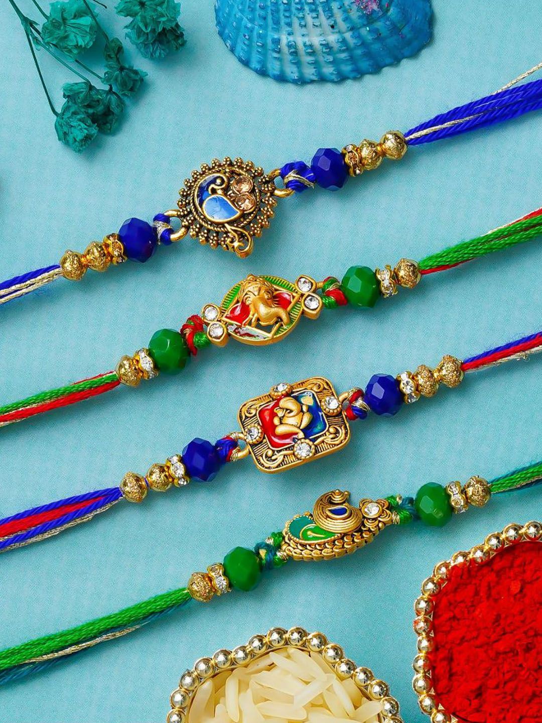 eCraftIndia Set Of 4 Ganesha & Peacock Thread Rakhi-picture-44