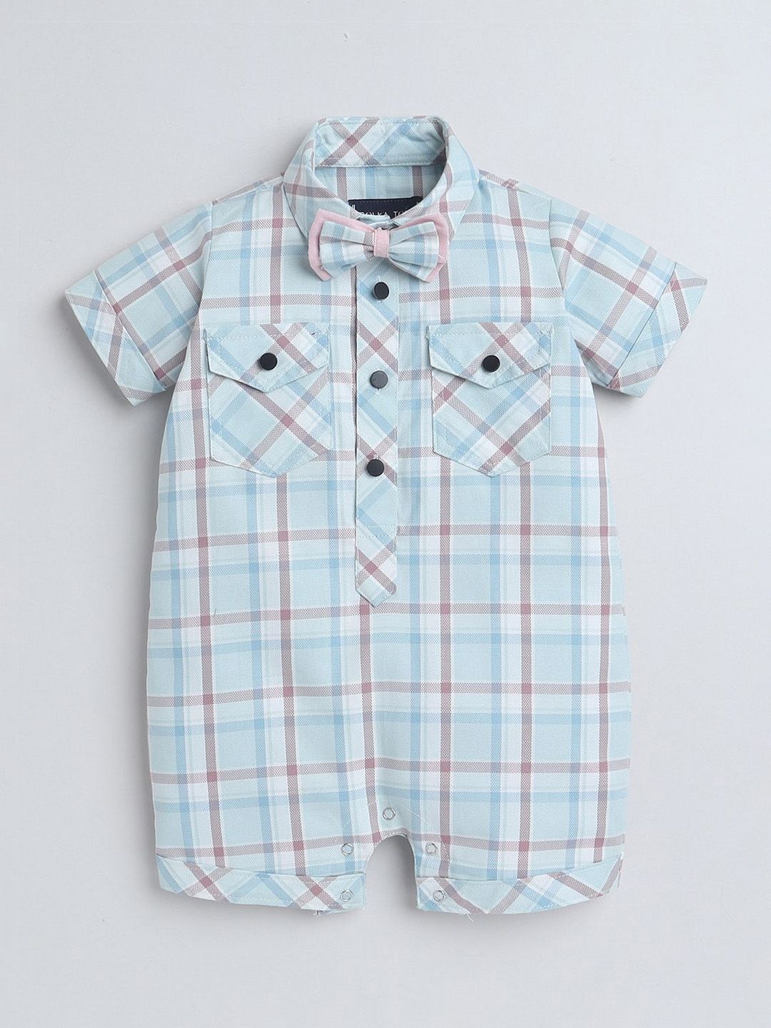 Polka Tots Unisex Kids Turquoise Blue Half Sleeve Checks Print Shirt Romper With Bow