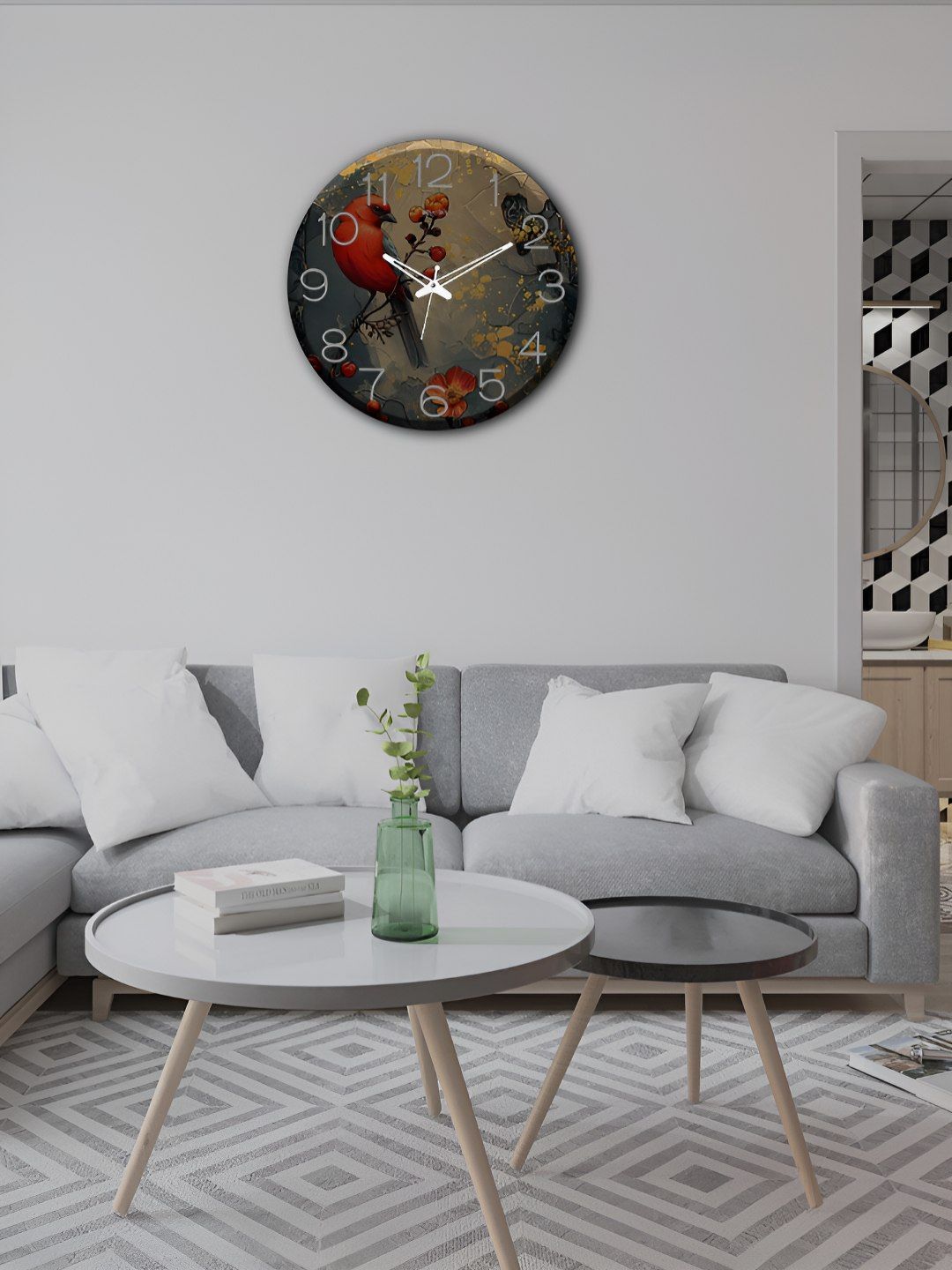 OLIVE TREE Wooden Wall Clock Grey & Red Printed Round Contemporary Wall Clock-image-35