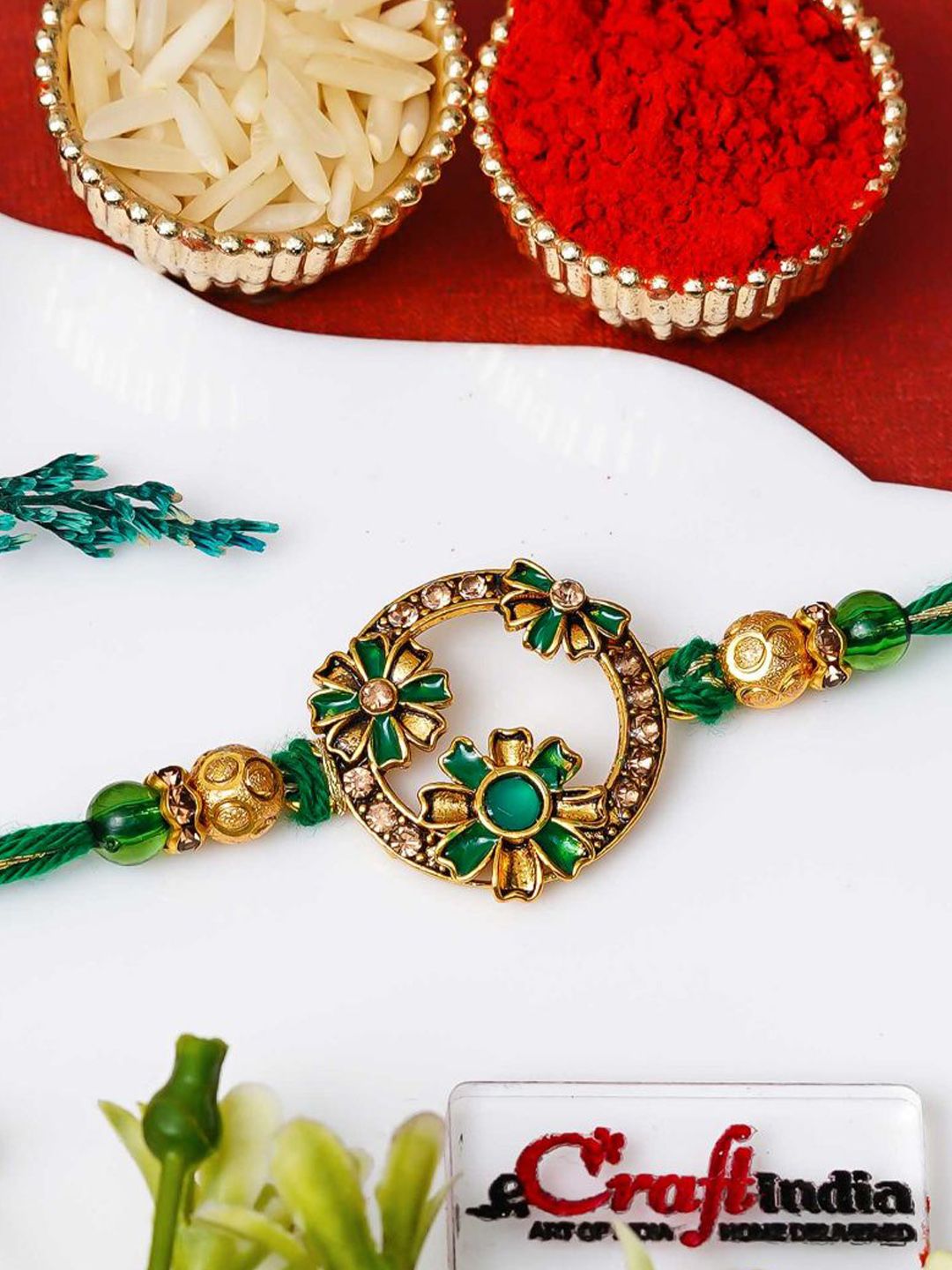 eCraftIndia Stone Studded & Beaded Beautiful Flowers Designer Thread Rakhi With RoliChawal-picture-38