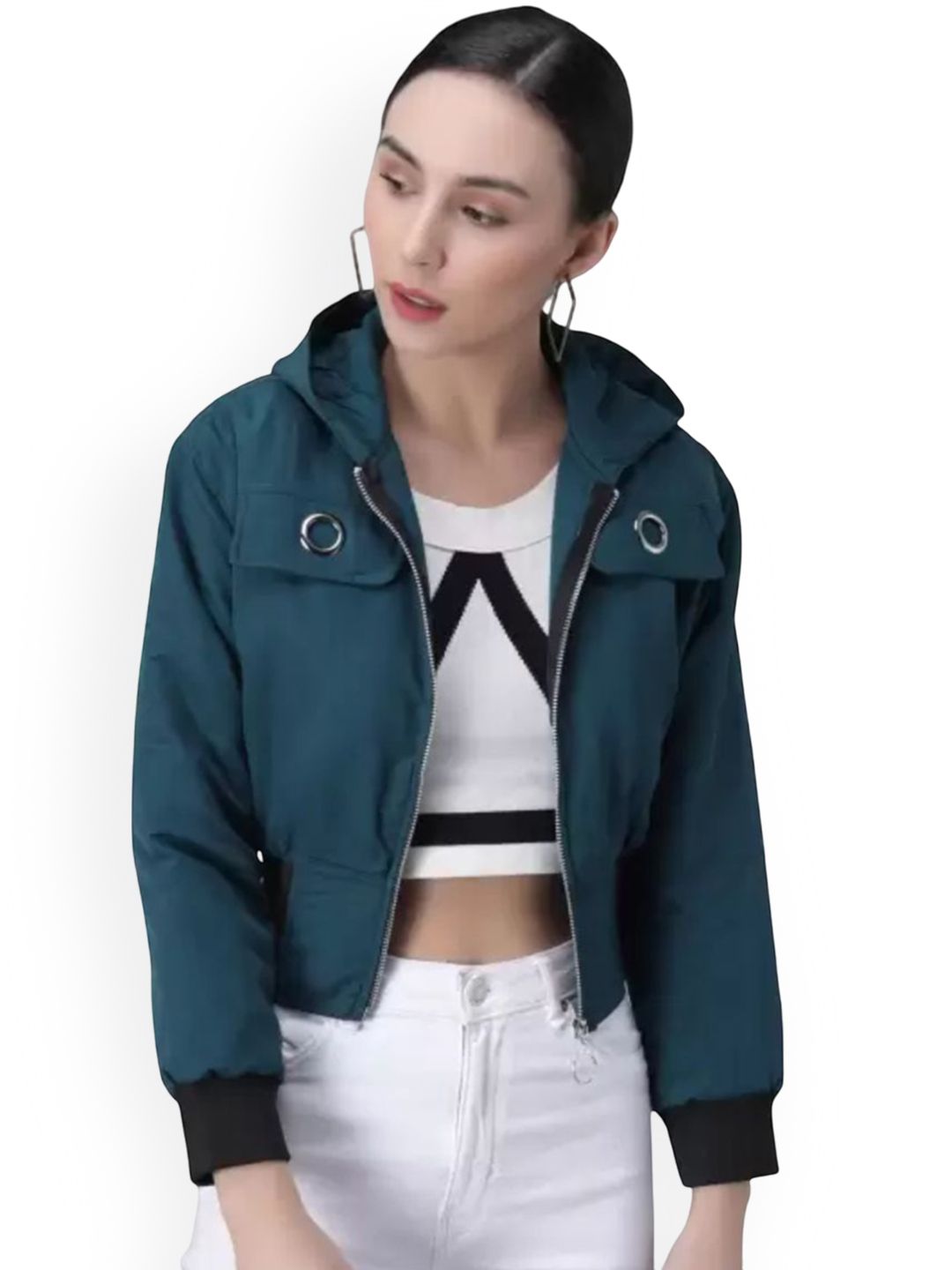 Funday Fashion Women Solid Crop Bomber Jacket-picture-16