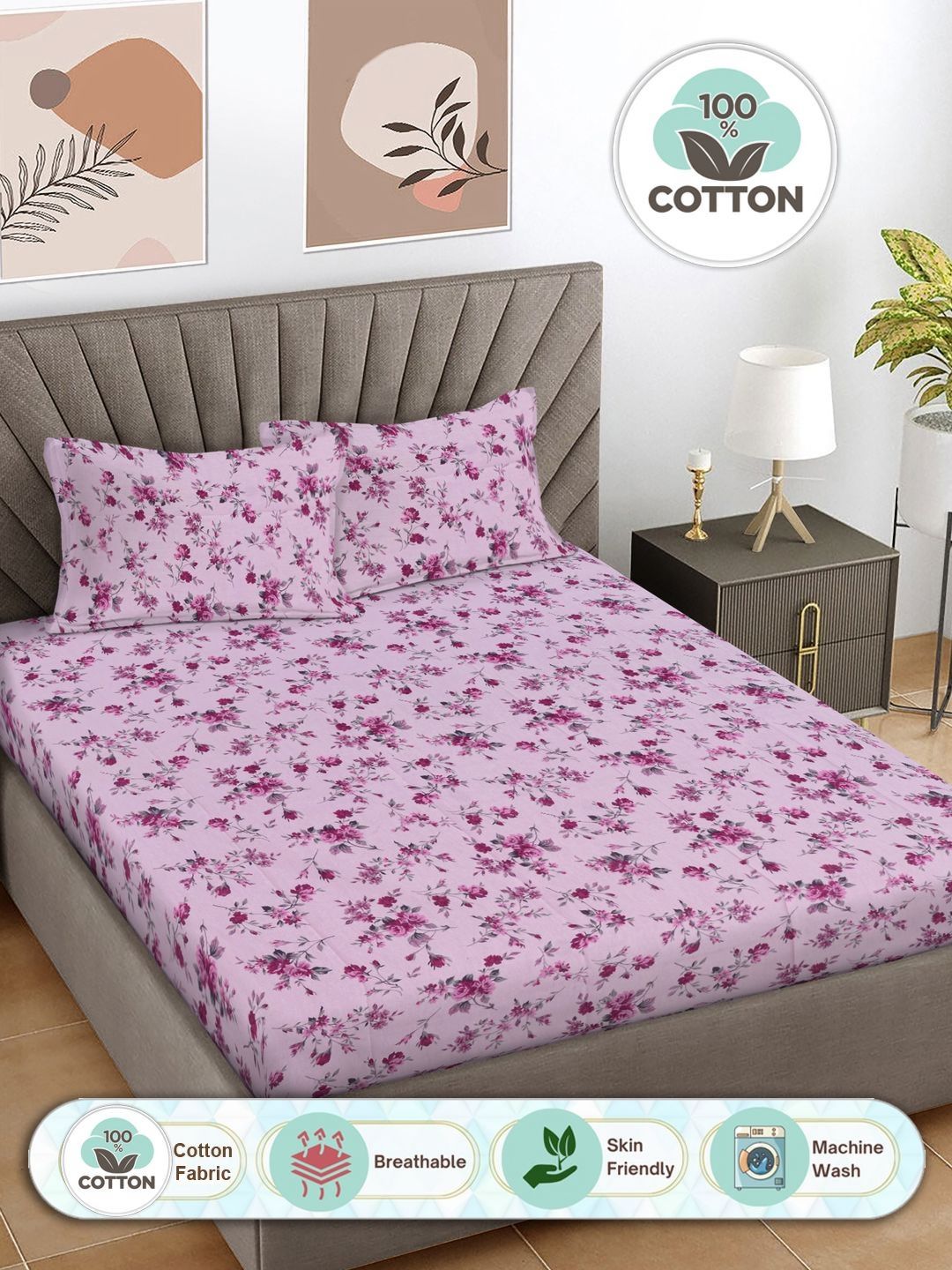 Myntra Elegant Homes Pink & Grey Printed 300 TC Cotton King Bedsheet Set 2.50 m x 2.25 m-picture-17