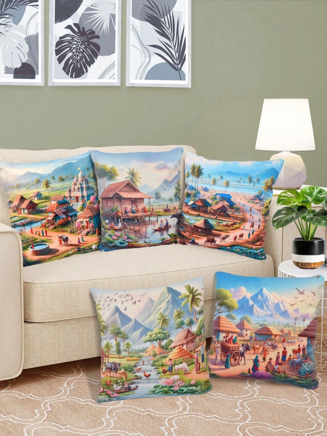 FABINALIV 5 Pieces Blue & Green Reversible Digital Printed Velvet Square Cushion Covers-picture-19