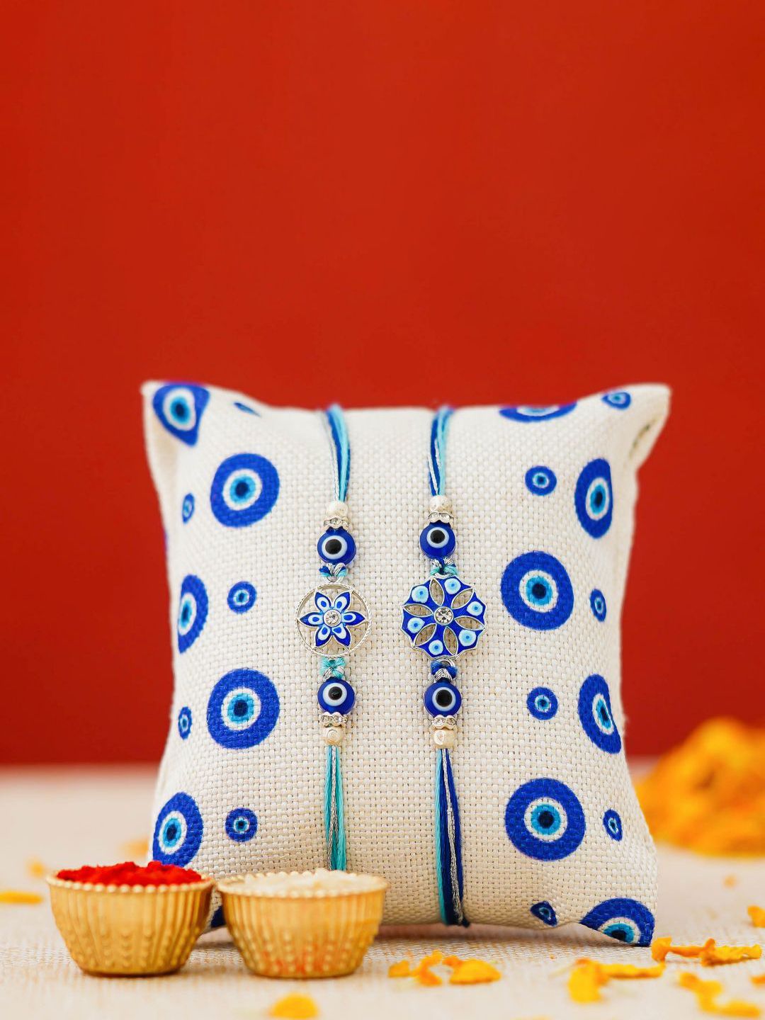 eCraftIndia Set of 2 Artfificial Stones Studded And Beaded Floral Rakhi With Roli Chawal-picture-46