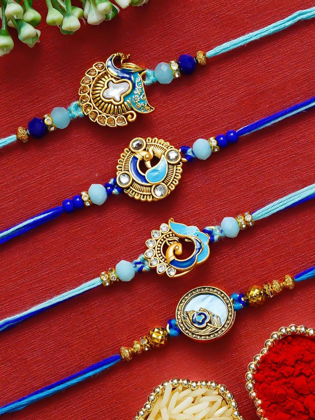 eCraftIndia Set Of 4 Peacock Designer Thread Rakhis With Roli Chawal-picture-44