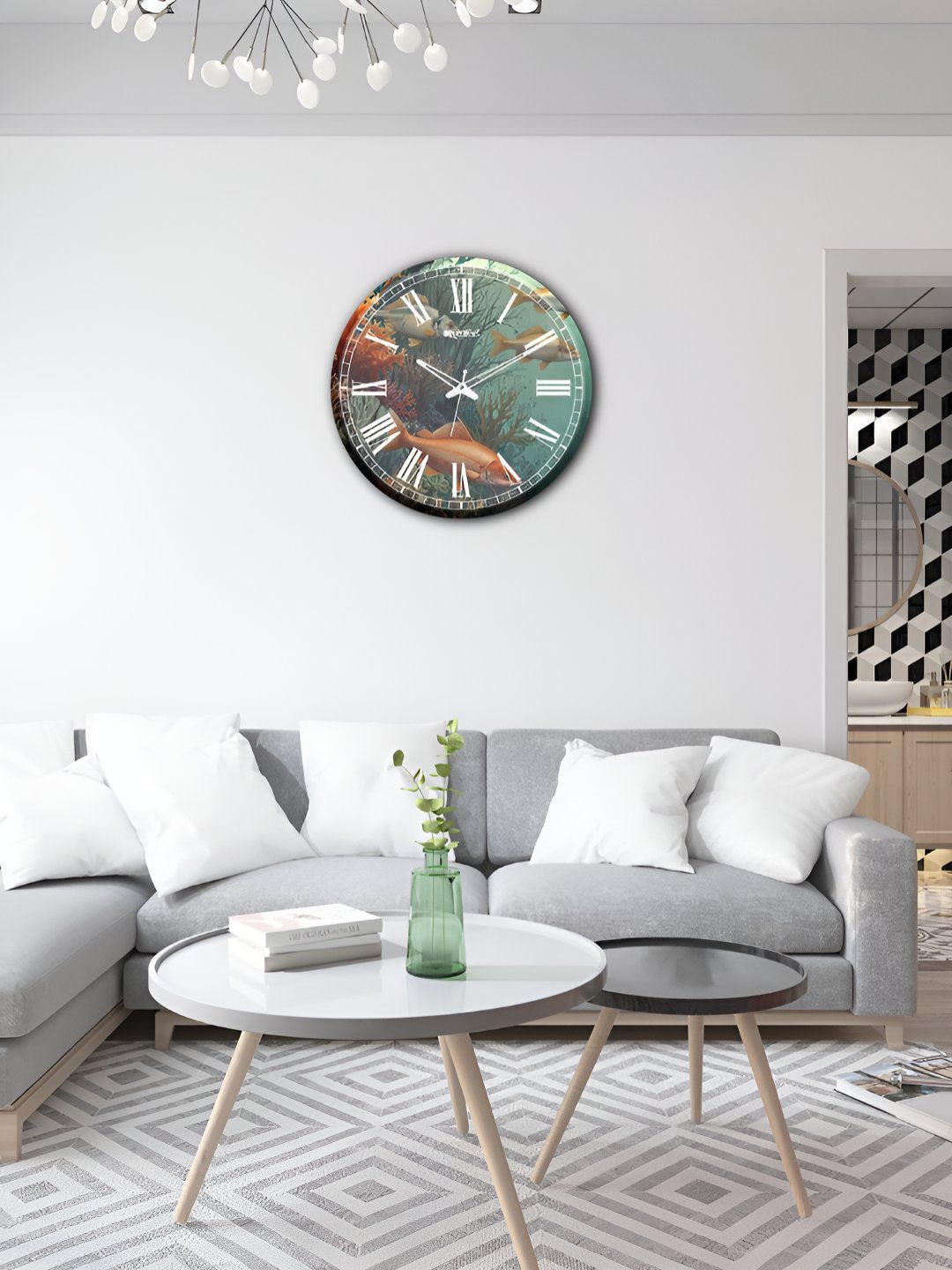 OLIVE TREE Wooden Wall Clock Teal & White Printed Round Contemporary Wall Clock-image-29