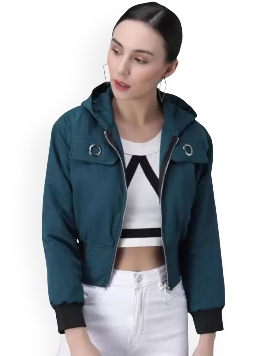 Funday Fashion Women Solid Crop Bomber Jacket-picture-18