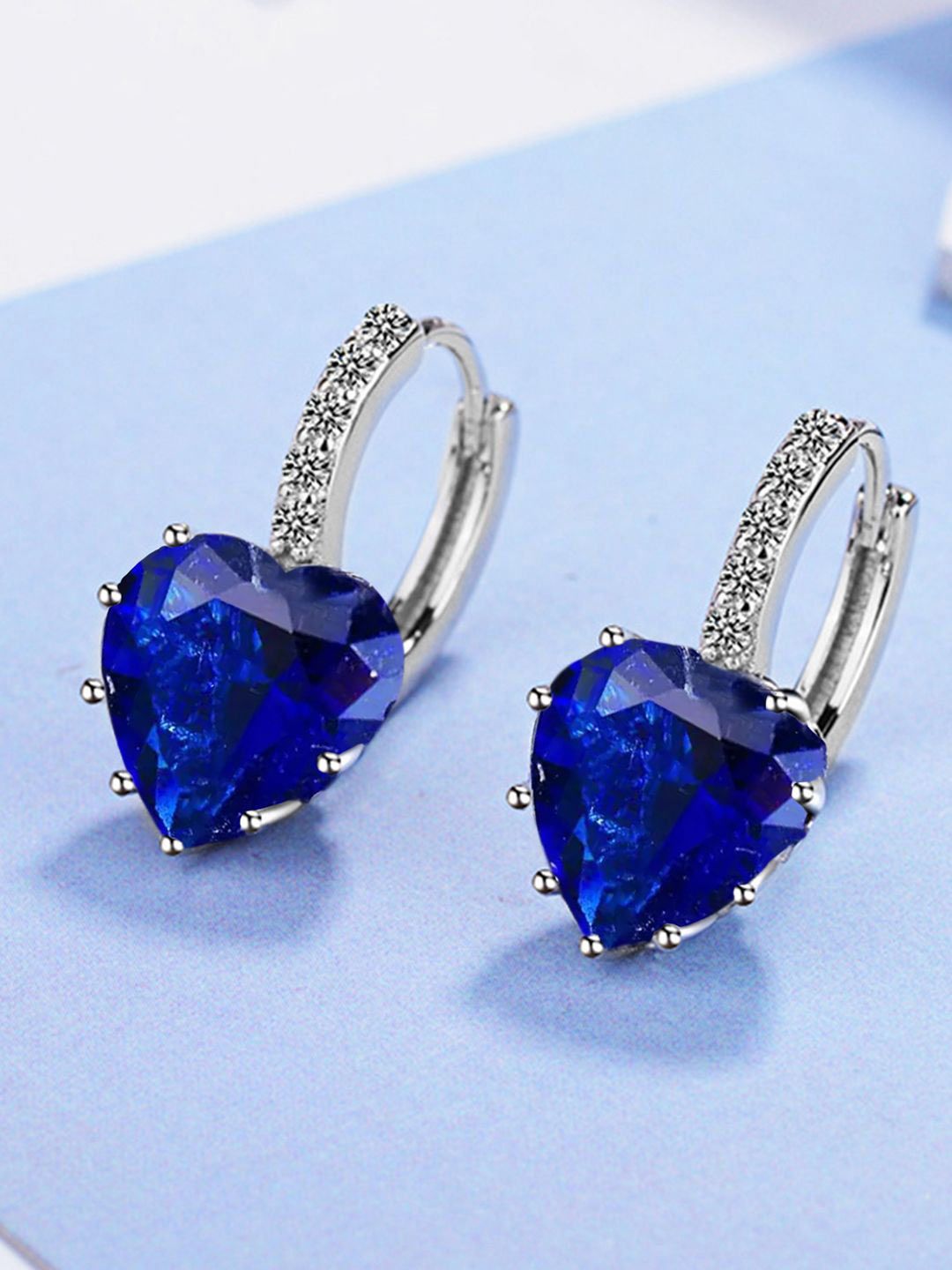 Peora Silver-Plated Crystals Studded Heart Shaped Hoop Earrings-picture-13