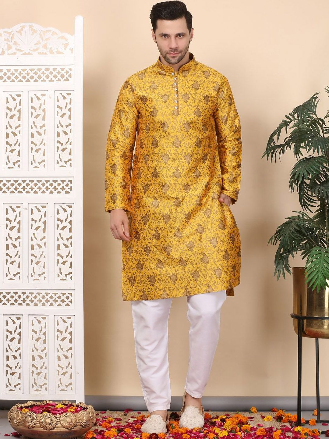 Larwa Men Floral Woven Design Straight Kurta With Pyjama-picture-32