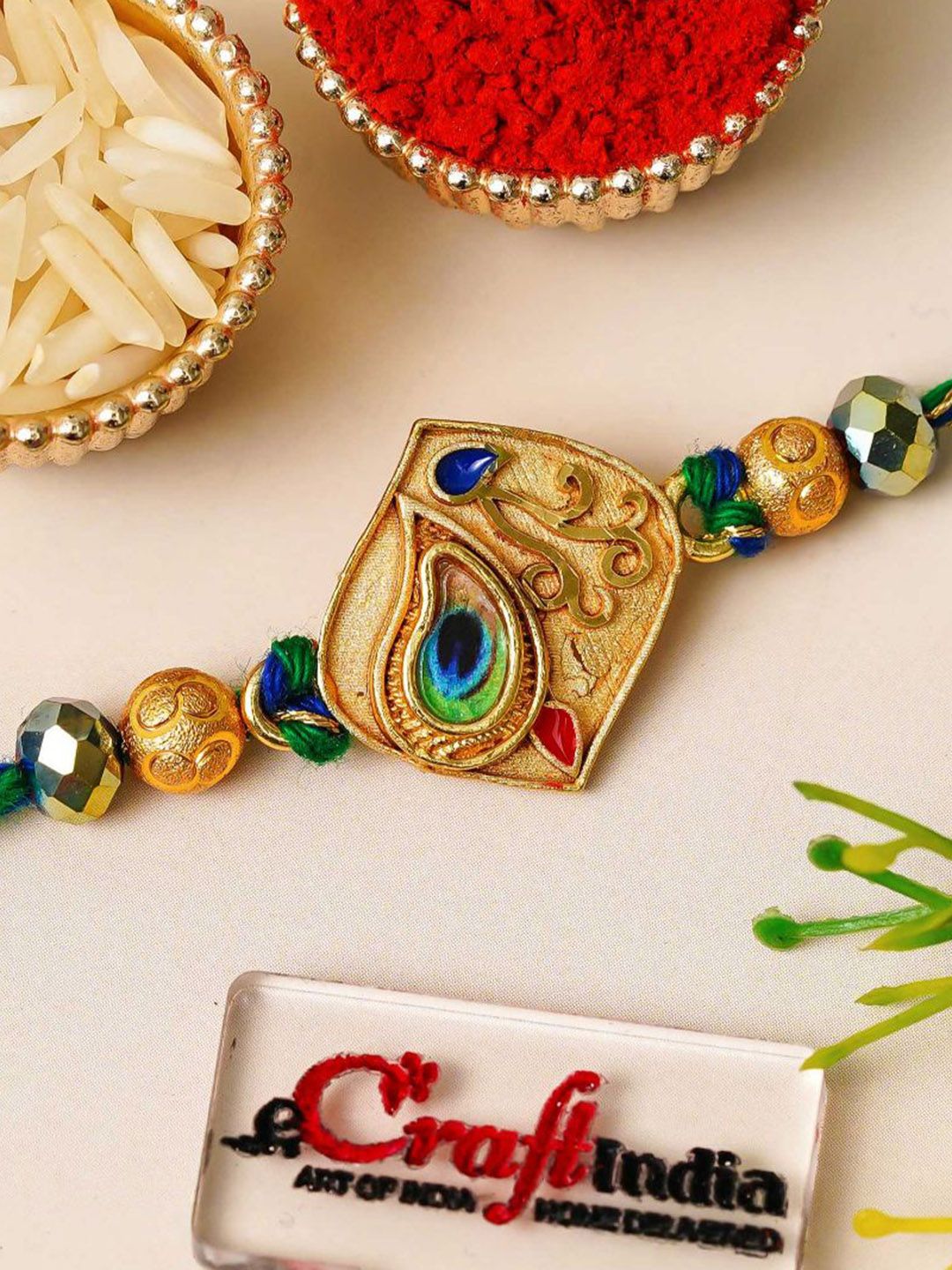 eCraftIndia Artfificial Stones Studded And Beaded Peacock Feather Rakhi-image-16