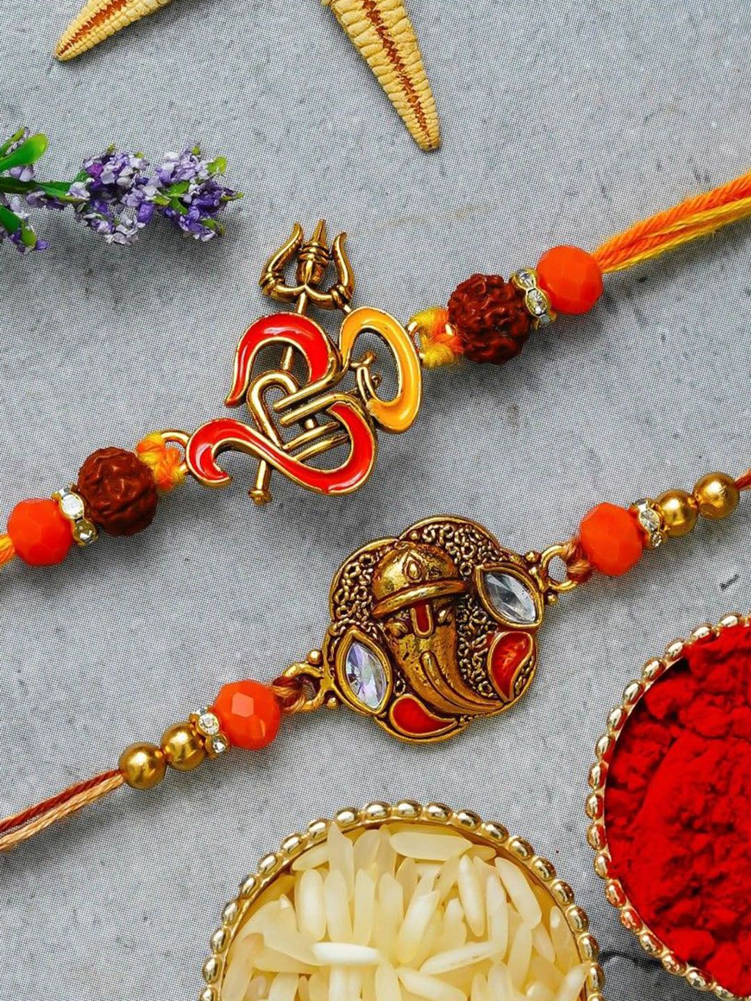 eCraftIndia Set of 2 Om Trishul Rudraksha Ganesha Rakhi For Bhai & Bhabhi-picture-13