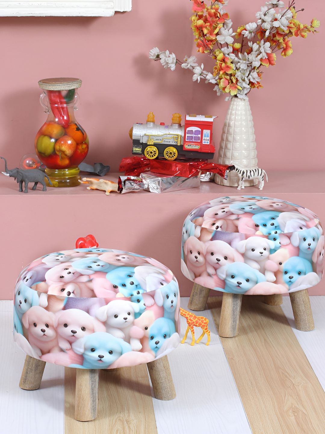 Shadowkart 2-Pcs Pink & Blue Printed Wooden Anti-Flip Round Ottoman Pouffe-picture-38