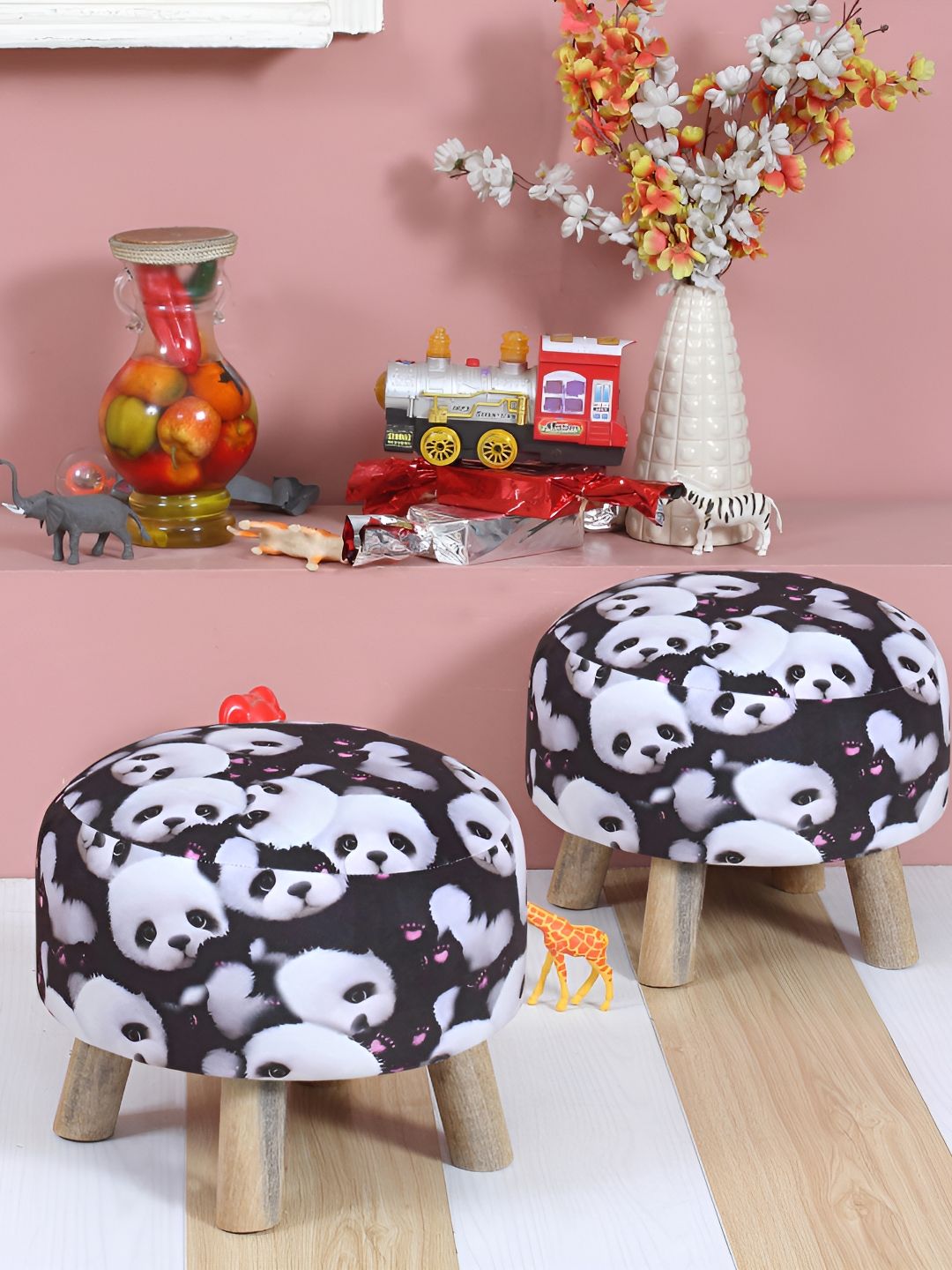 Shadowkart 2-Pcs White & Black Printed Round Ottoman Pouffes-image-16