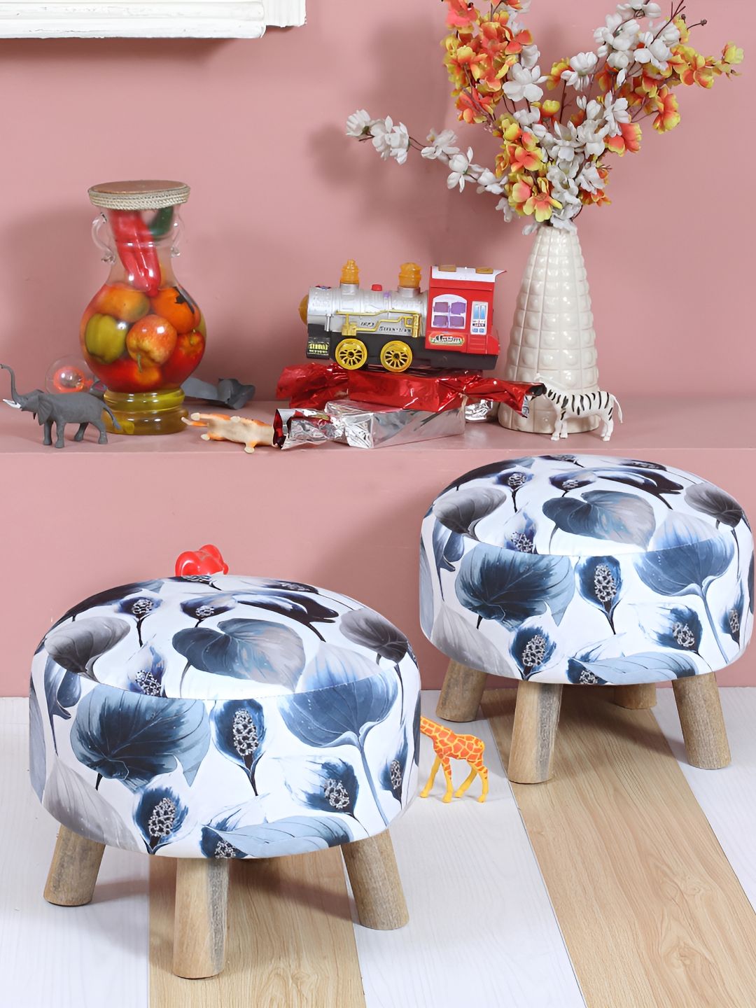Shadowkart 2-Pcs Navy-Blue & Blue Printed Wooden Anti-Flip Round Ottoman Pouffes-picture-15
