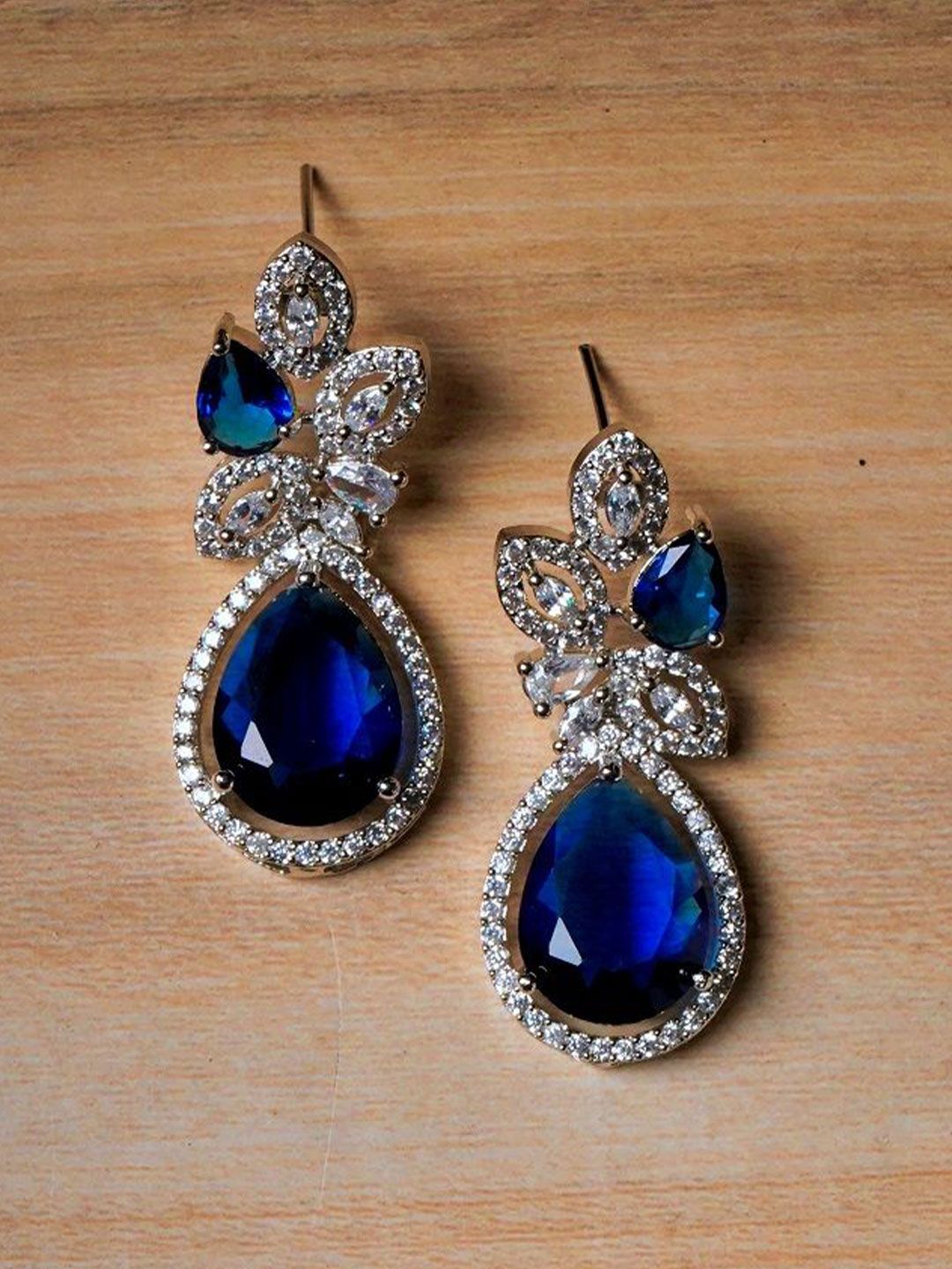 Gemron Jewel Rhodium-Plated Cubic Zirconia Studded Teardrop Shaped Drop Earrings-picture-34