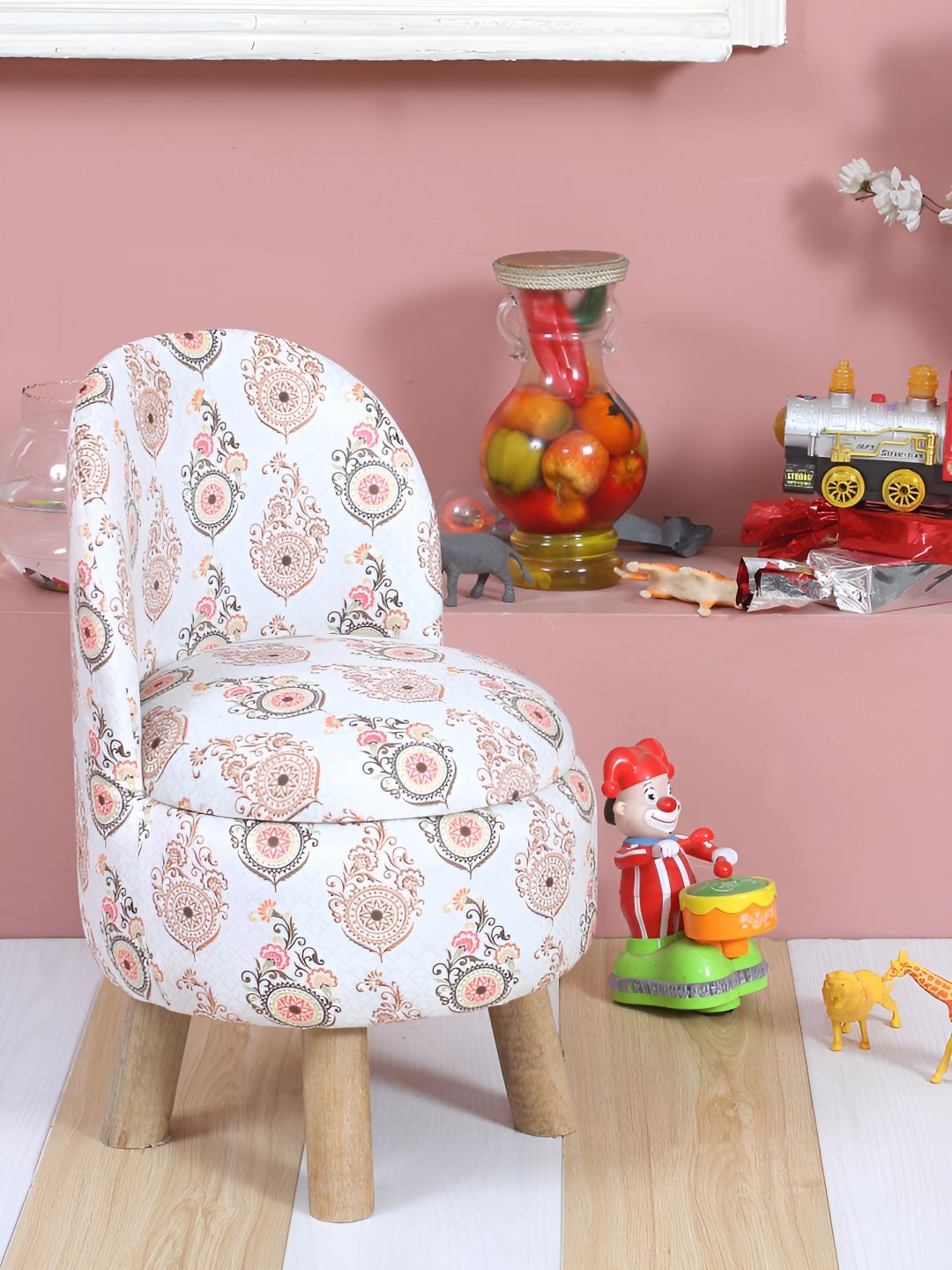 Shadowkart White & Yellow Printed Round Ottoman Pouffe-image-1