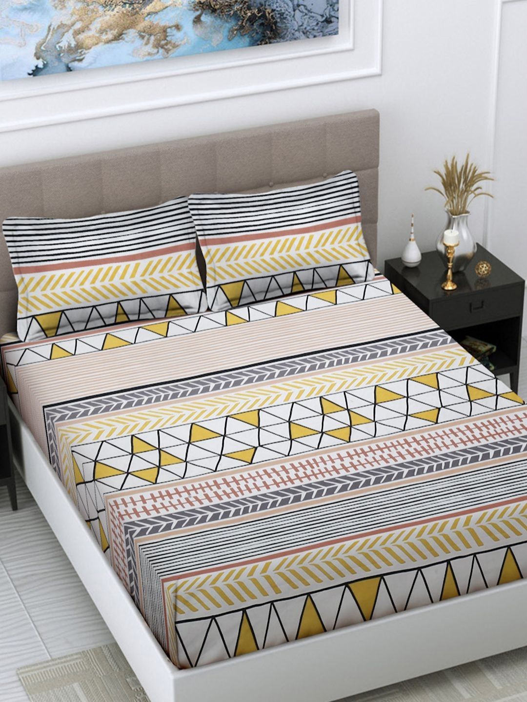 Myntra Elegant Homes Beige & Orange Striped 300 TC King Bedsheet Set 2.50 m x 2.25 m-picture-27