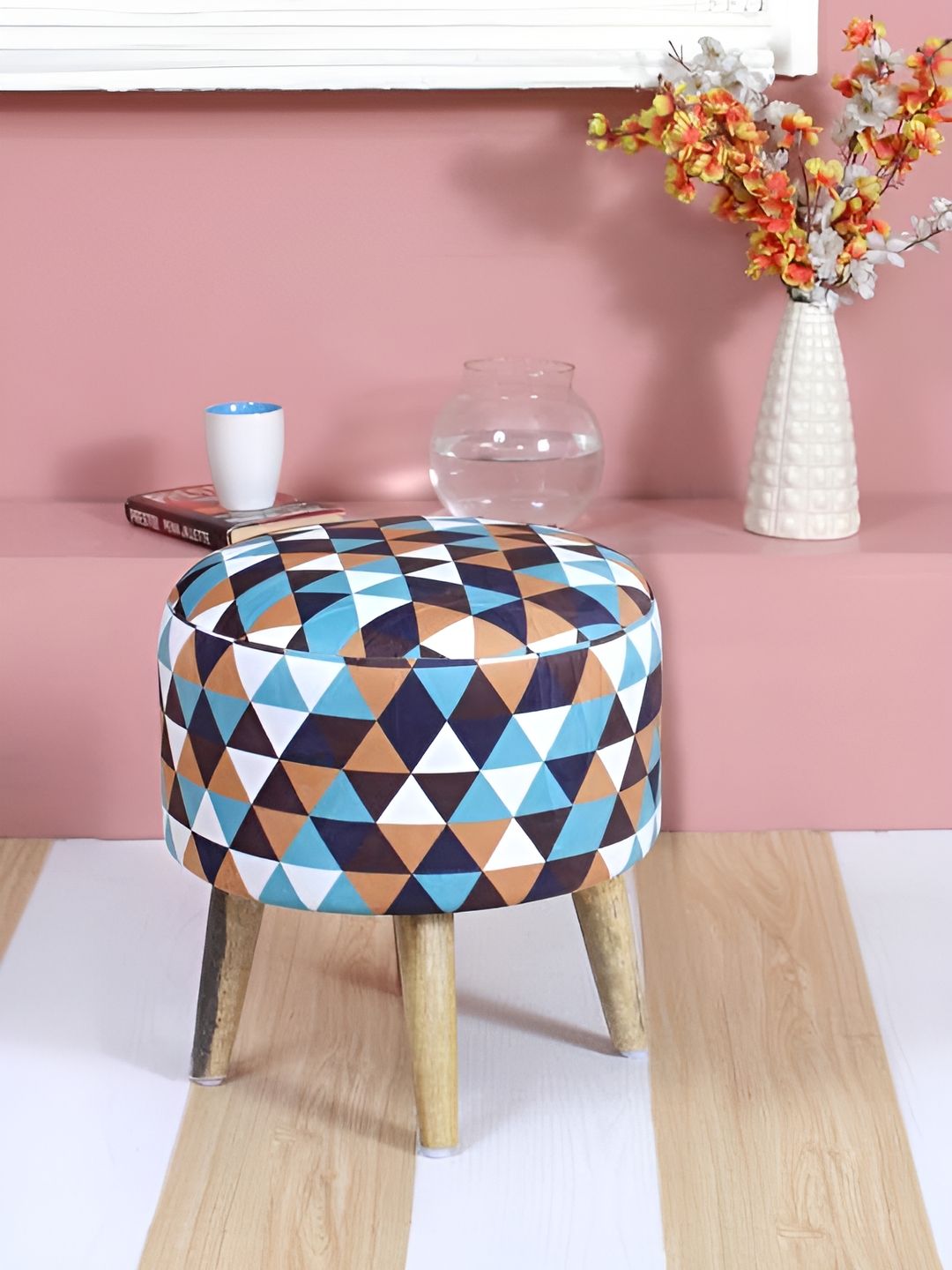 Shadowkart Blue & White Checked Round Ottoman Pouffe-picture-57