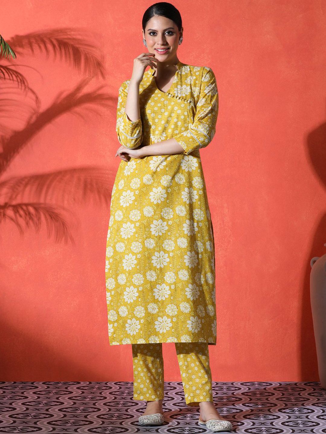 Sangria Floral Printed Mandarin Collar Pure Cotton Straight Kurta With Trouser-picture-10