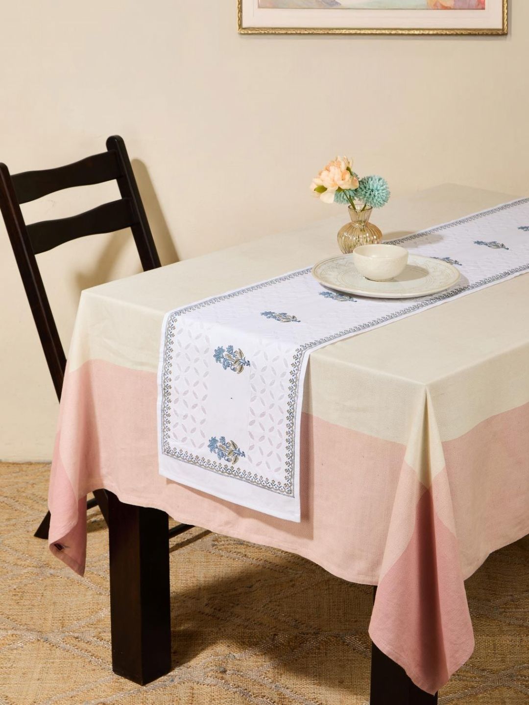 Fabindia White & Blue Embroidered Cotton Table Runner-picture-12