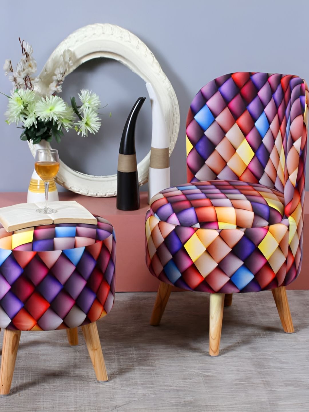 Shadowkart 2-Pcs Yellow & Blue Printed Wooden Round Ottoman Pouffes-image-22