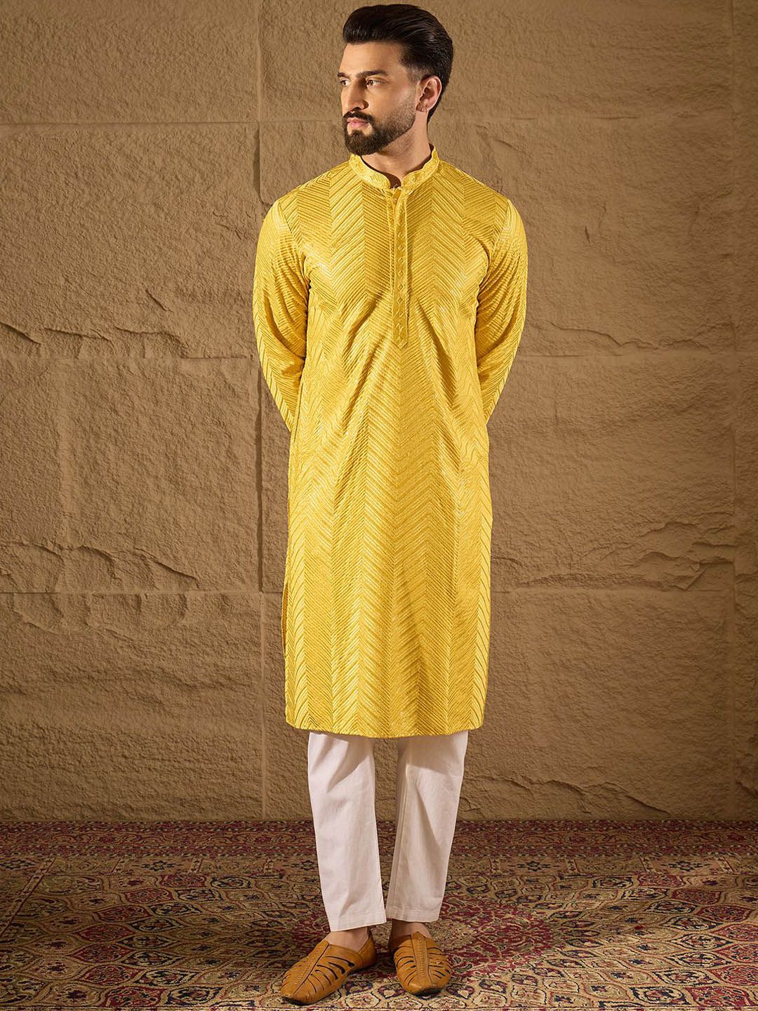 House of Pataudi Chevron Embroidered Mandarin Collar Thread Work Straight Kurta-picture-24