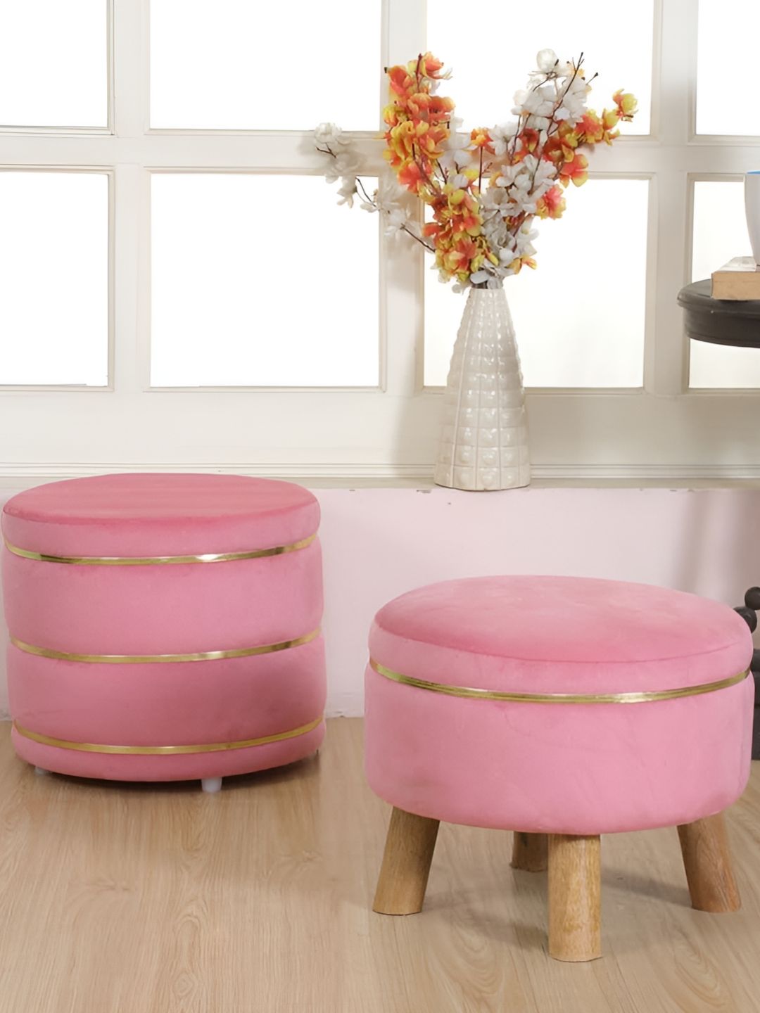 Shadowkart 2-Pcs Pink Wooden Round Ottoman Pouffes-picture-30
