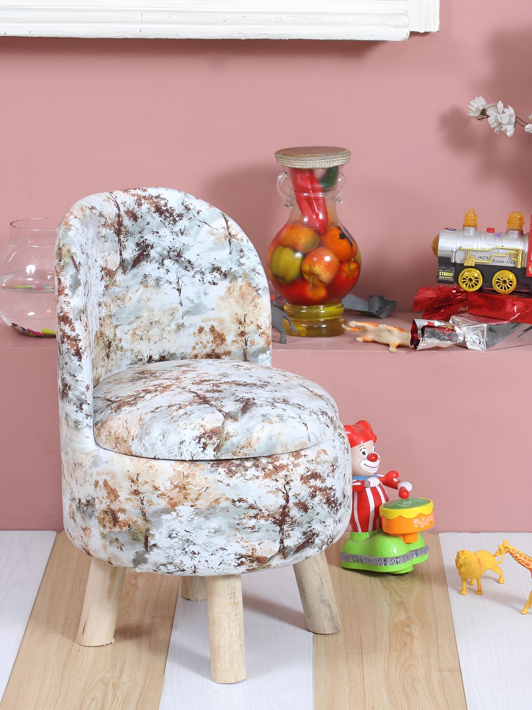 Shadowkart White & Grey Printed Round Ottoman Pouffe-image-5