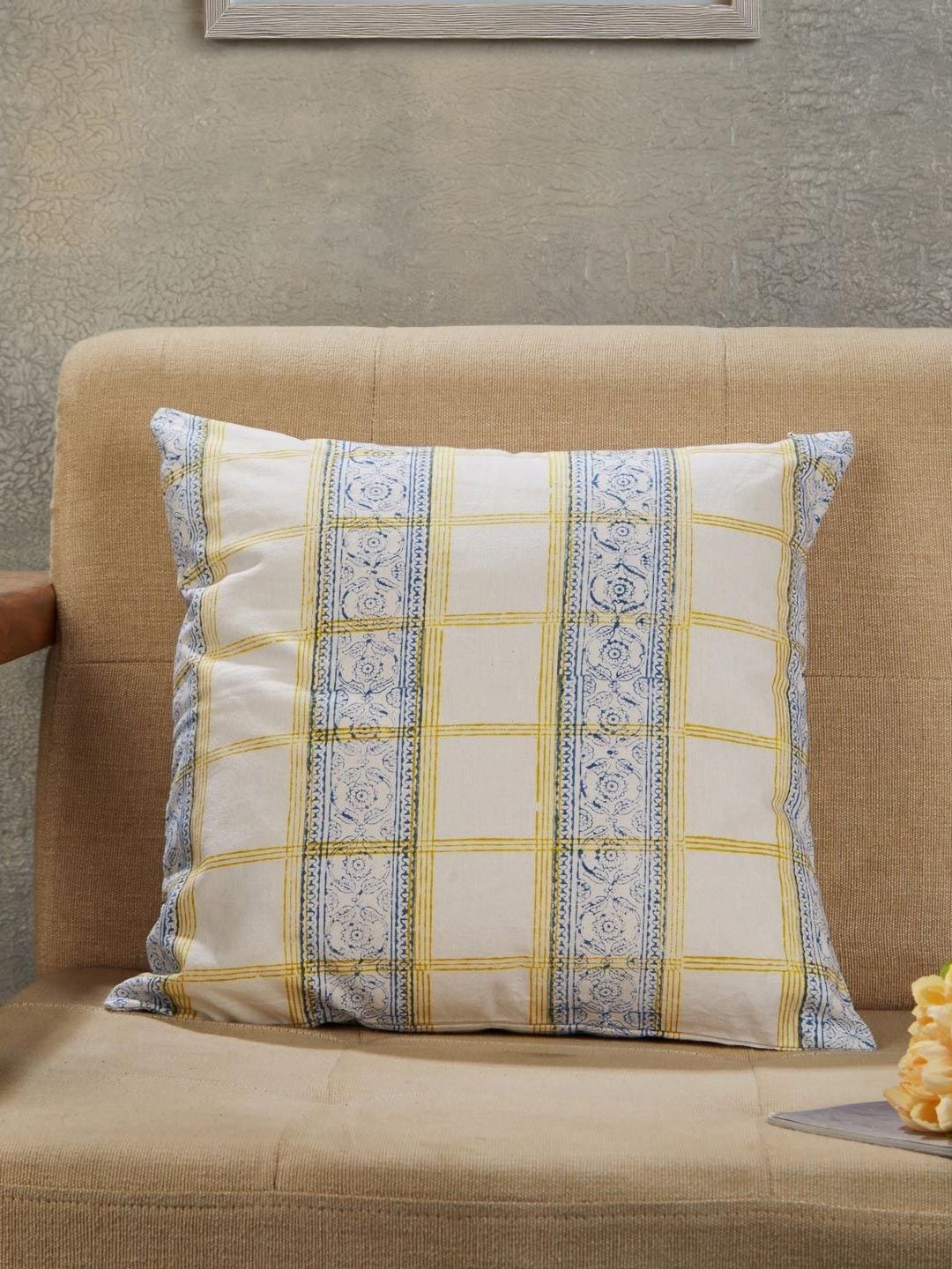 Fabindia Cabana White & Blue Ethnic Motifs Printed Cotton Square Cushion Cover-picture-28