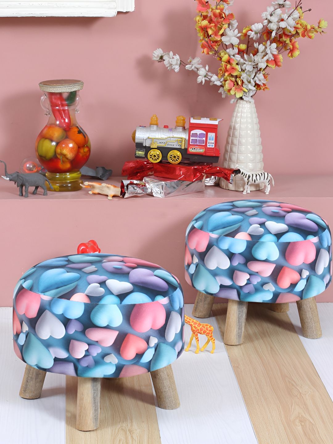 Shadowkart 2-Pcs Pink & Blue Printed Wooden Round Ottoman Pouffes-image-23
