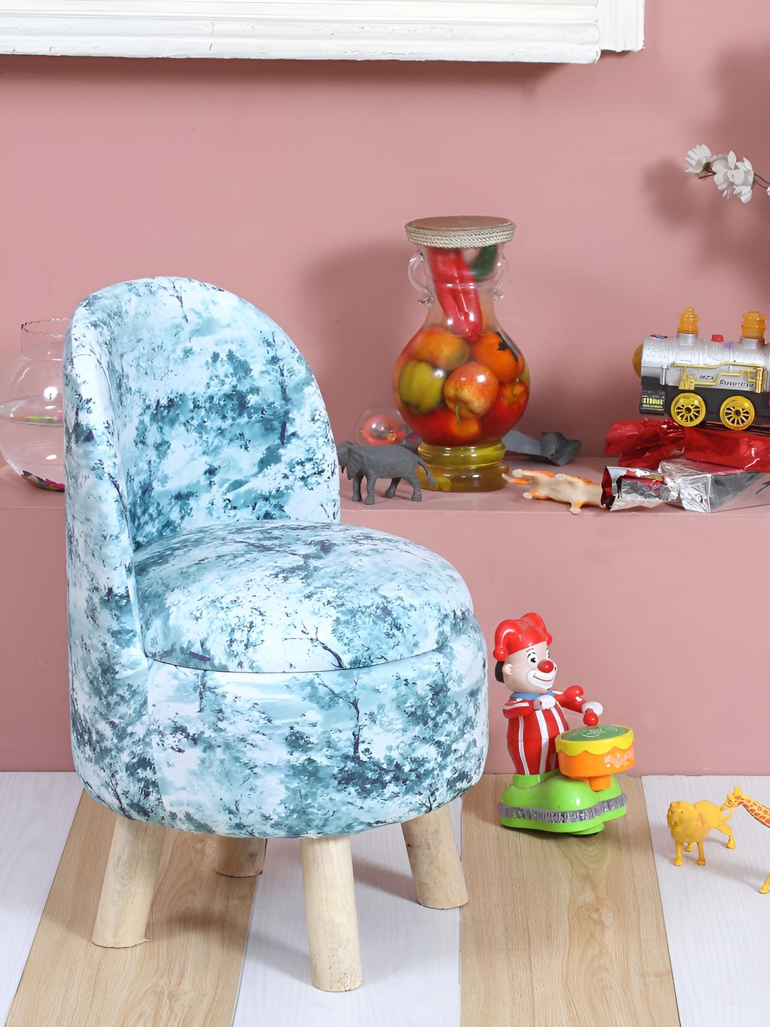 Shadowkart Blue & White Printed Wooden Anti-Flip Round Ottoman Pouffe-picture-38