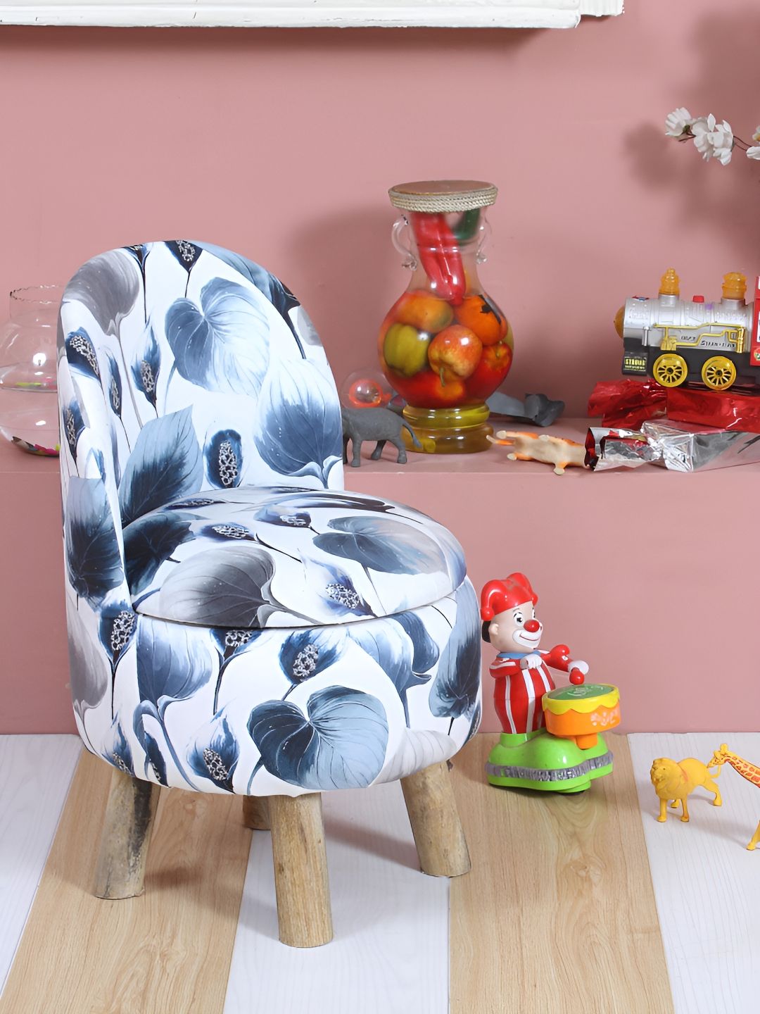 Shadowkart Navy-Blue & Blue Printed Wooden Anti-Flip Round Ottoman Pouffe-picture-17