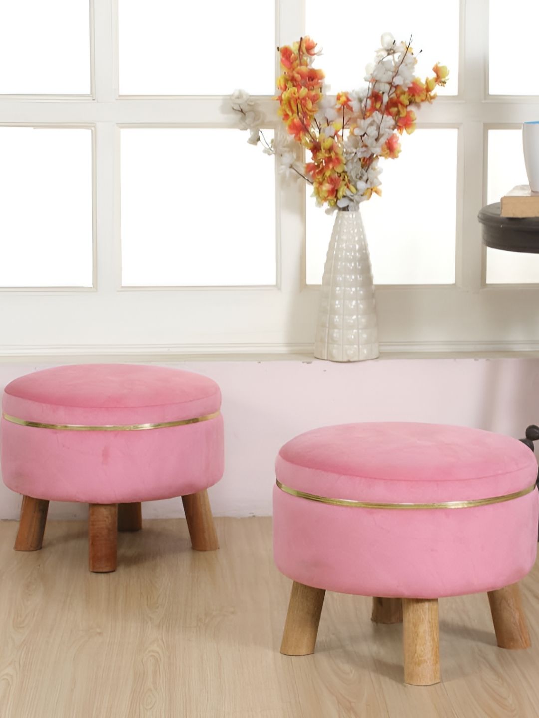 Shadowkart 2-Pcs Pink Wooden Round Ottoman Pouffes-picture-31