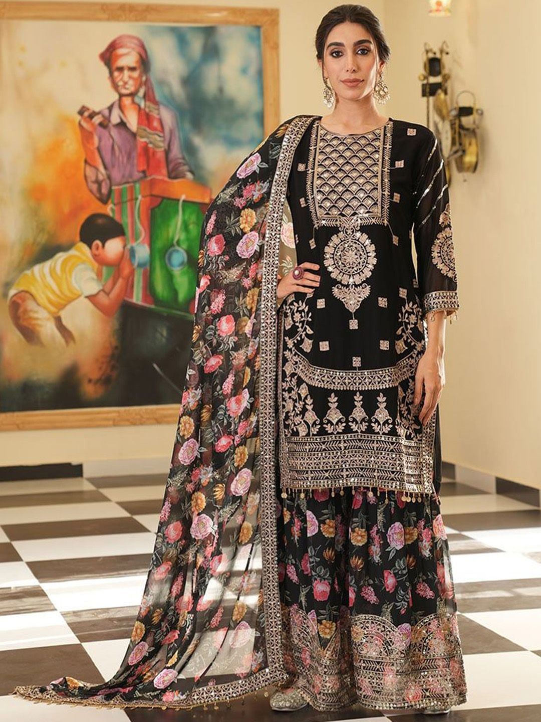 Floral Embroidered Regular Sequinned Straight Kurti with Sharara & Dupatta