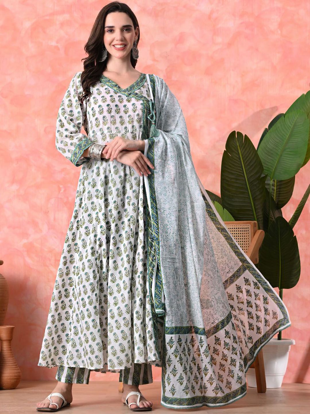 Light Beige Viscose Crepe Floral Print Girish Angrakha Anarkali suit with Beautiful Duppata main image 1
