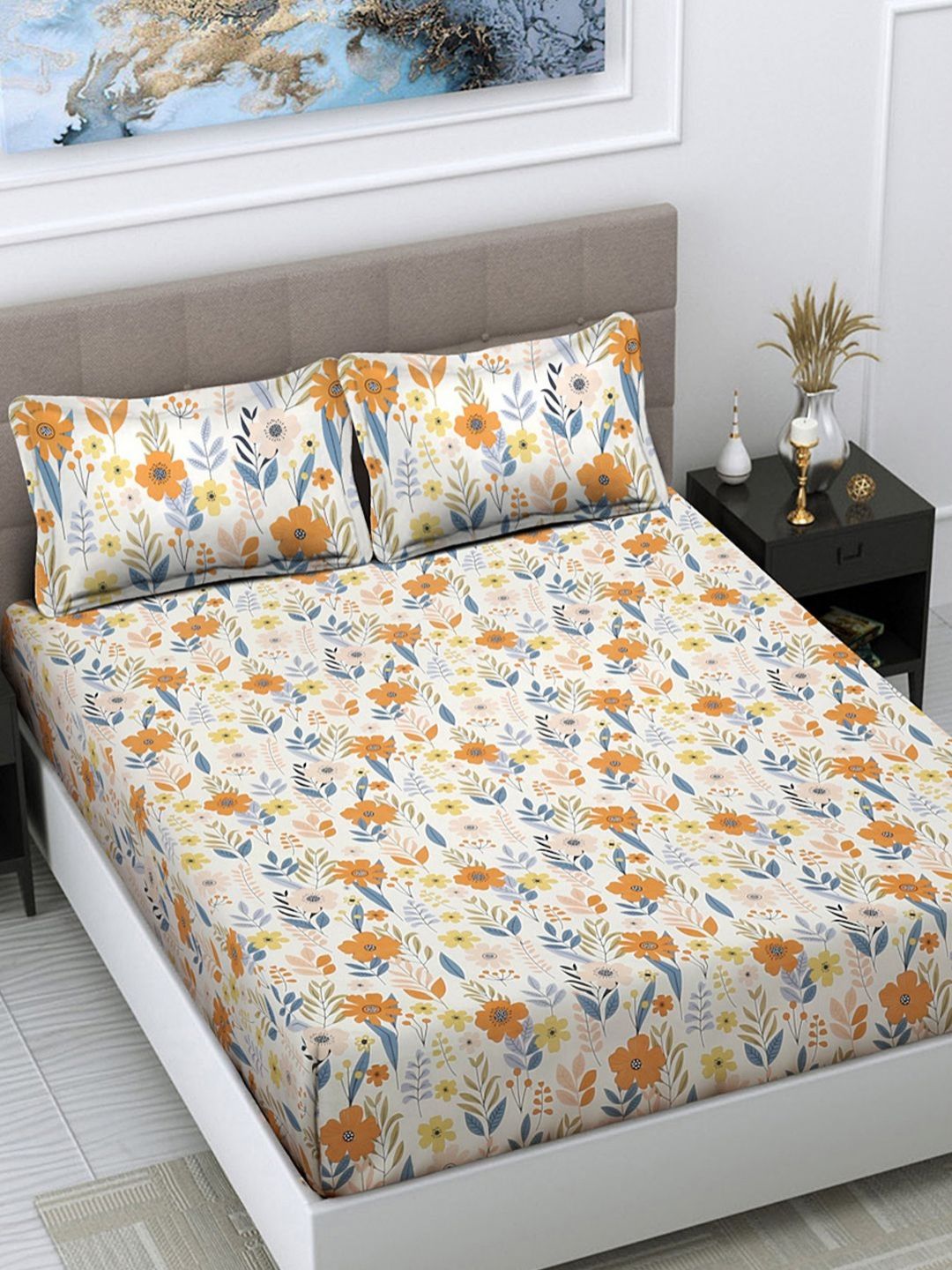 Myntra Elegant Homes Beige & Orange Floral 300 TC King Bedsheet Set 2.50 m x 2.25 m-picture-16