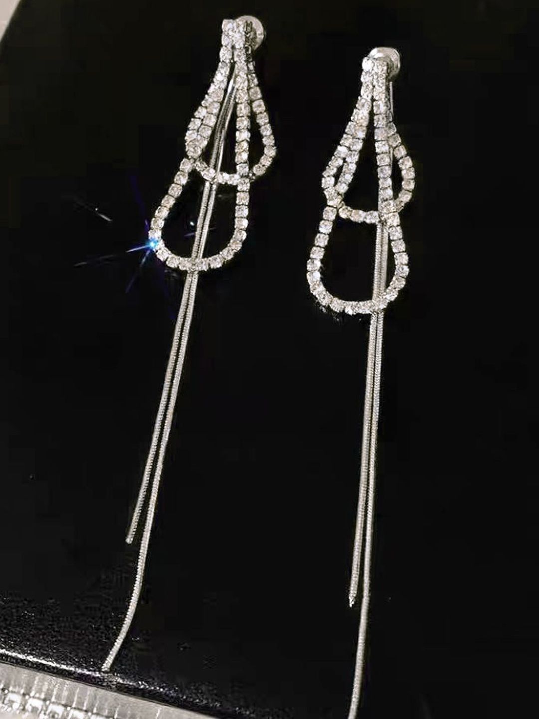 FIMBUL Silver-Plated Rhinestone Studded Teardrop Shaped Tasselled Drop Earrings-picture-19