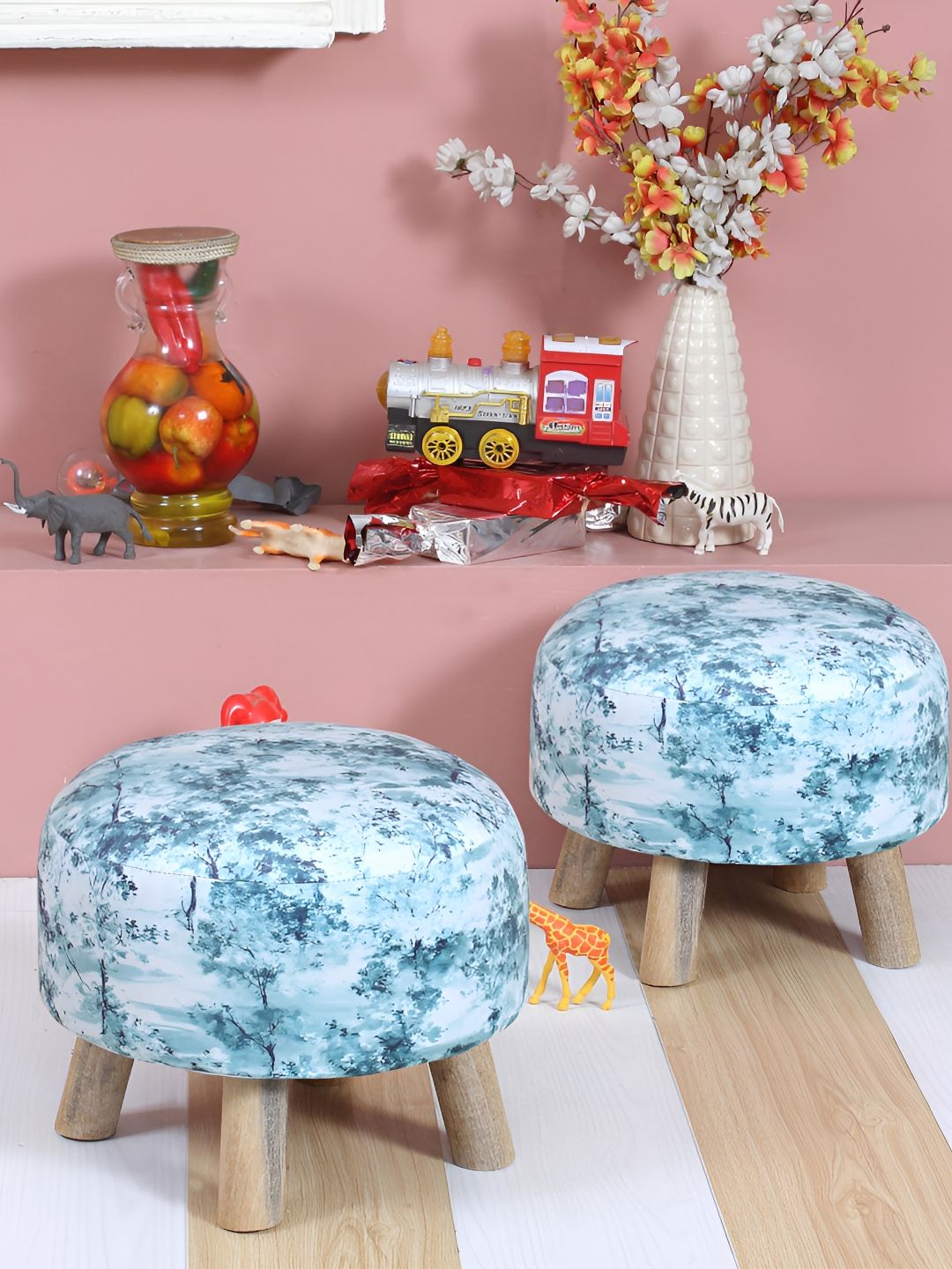 Shadowkart 2-Pcs White & Blue Printed Wooden Round Ottoman Pouffes-picture-34