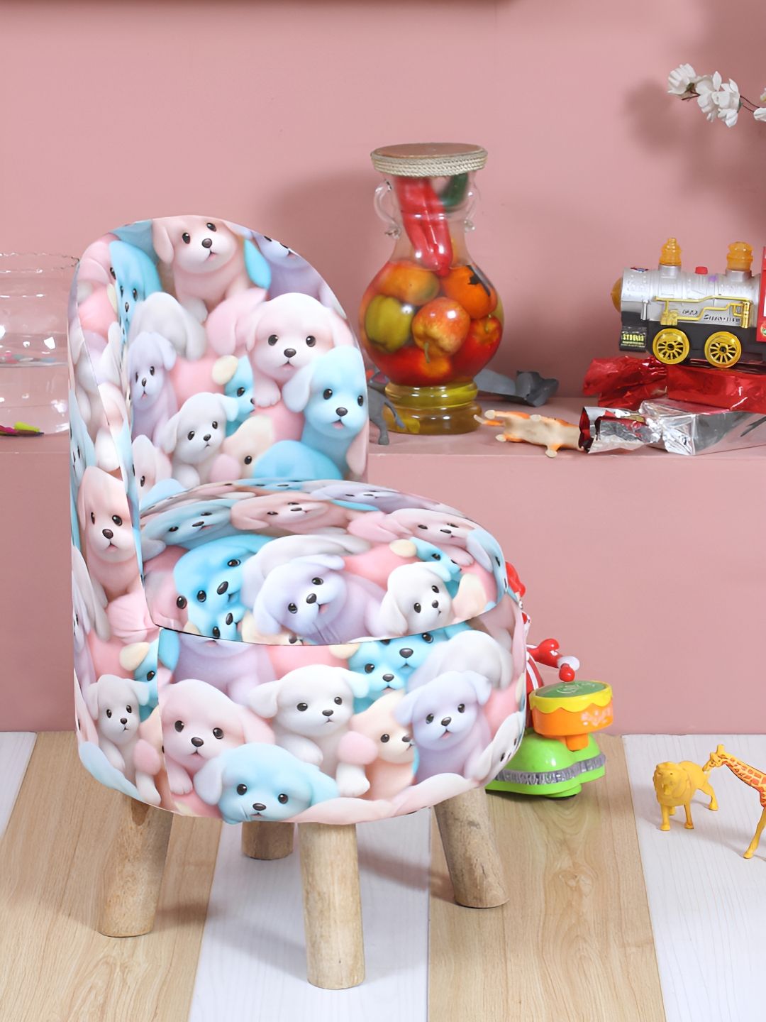 Shadowkart Pink & Blue Printed Wooden Anti-Flip Round Ottoman Pouffe-image-24