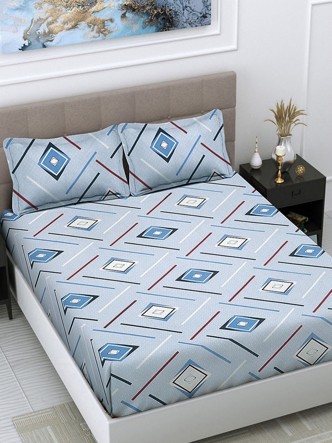 Myntra Elegant Homes Blue & White Geometric 300 TC King Bedsheet Set 2.50 m x 2.25 m-picture-36