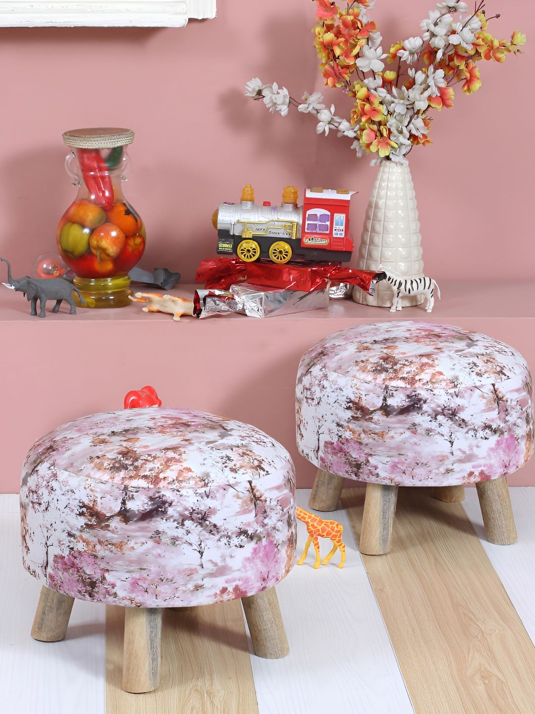 Shadowkart 2-Pcs White & Purple Printed Round Ottoman Pouffes-picture-37