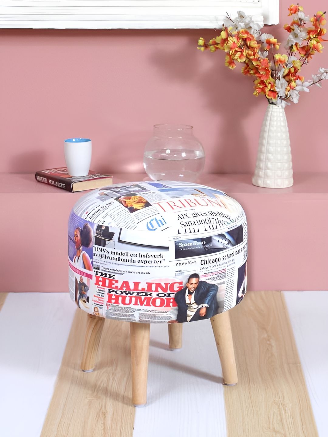Shadowkart White & Blue Printed Wooden Round Ottoman Pouffe-picture-15