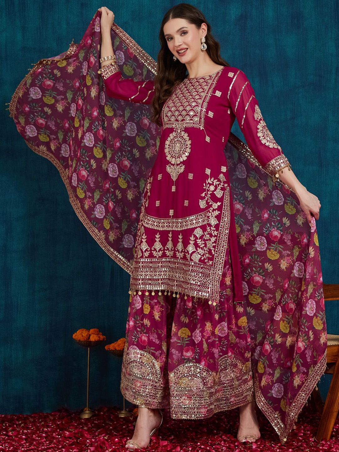 RFSS1031 - Muslin Silk Floral Print Kurta Comes with Printed Sharara and Chiffon Dupatta